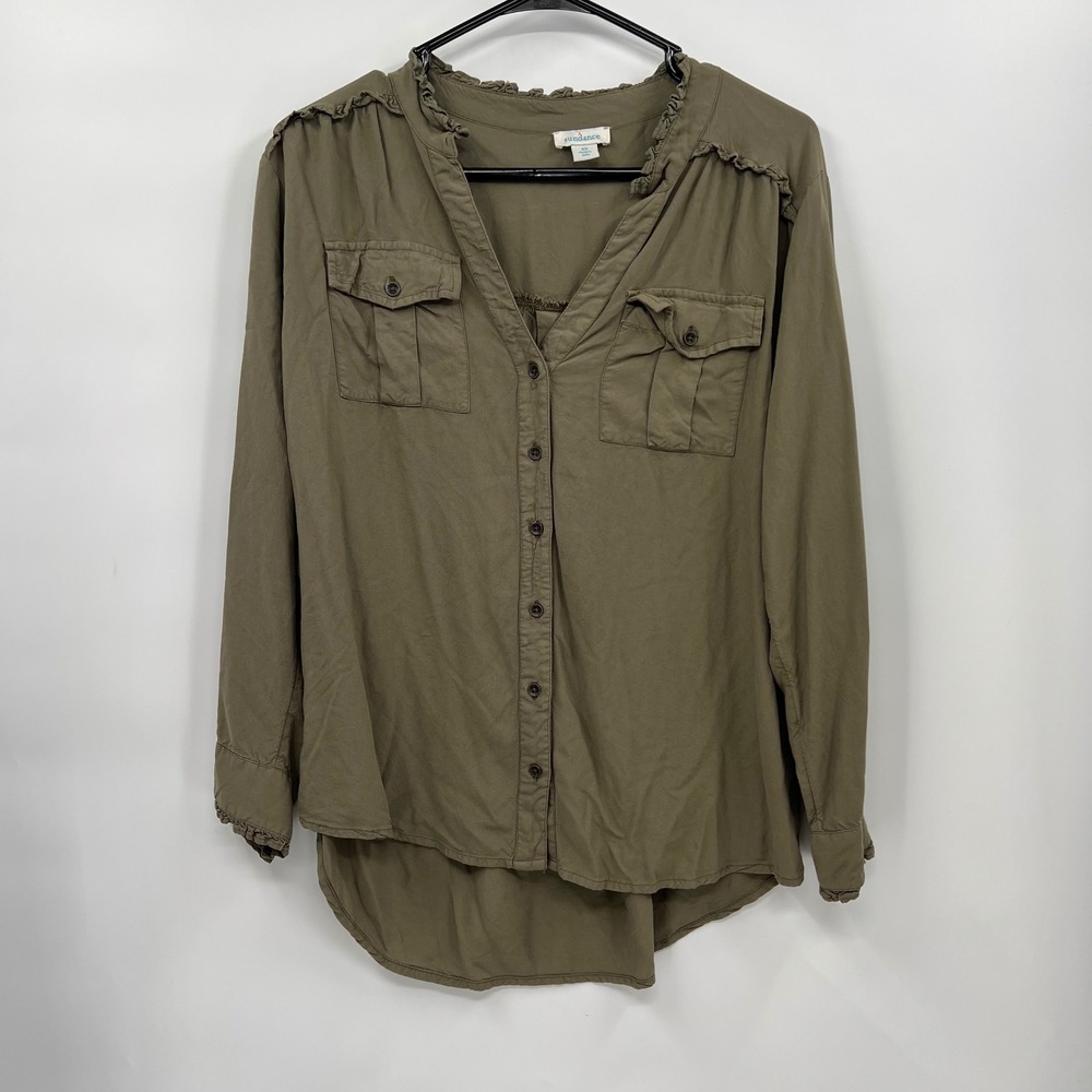 Sundance XS‎ Button Front Blouse Womens Olive Green Ruffle Utility Viscose Top